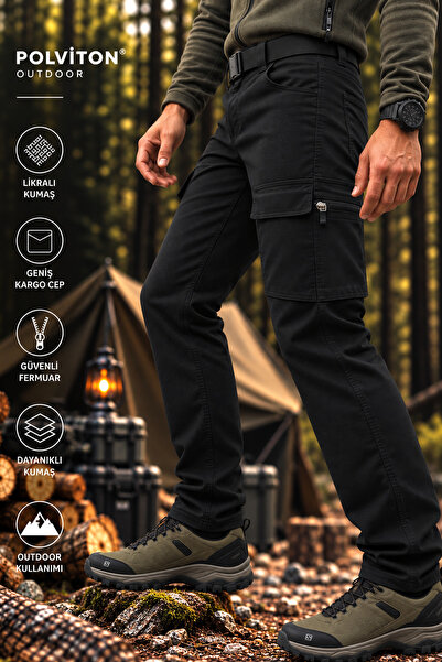 Polviton Men's Cargo Pants Black with Pockets Zippered Combat Tactical Lycra ...