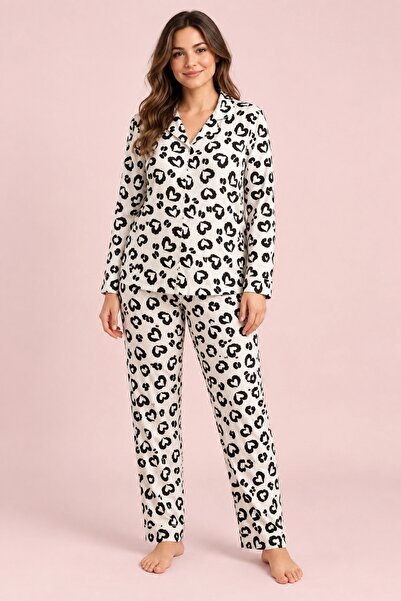 Starinci Mayo Büyük Beden Süet Kadın Pijama Takımı Ekru Siyah Kalp Desenli