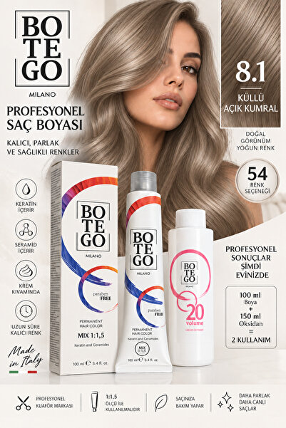 botegohair 8.1 Küllü Açık Kumral Profesyonel Krem Saç Boyası Seti