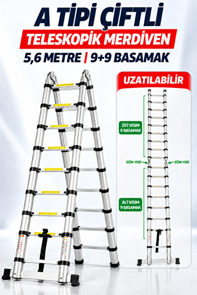 Badem10 9+9 18 Basamak 5.6 Metre A Tipi Teleskopik Portatif Merdiven Uzayan K...