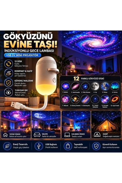Çeşithane 10+2 Diskli Galaksi Projektörü USB 5V Mini Gece Lambası, Yıldız ve ...