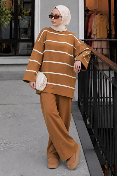 Tesettür Dünyası Striped Knitwear Set Tsd220905 Brown