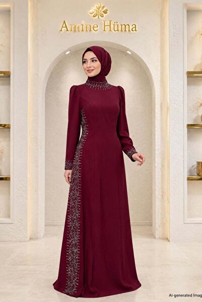 Amine Hüma Sıla Abiye Elbise Bordo