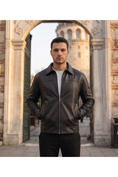 Thebomb Men's Zippered Black Leather Jacket