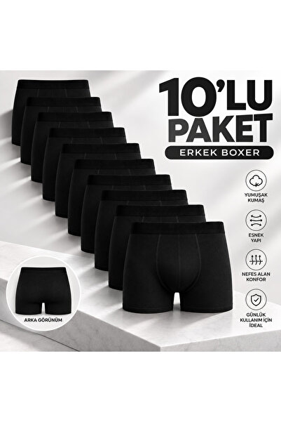 Genel Markalar Erkek 10’lu Pamuklu Likralı Siyah Boxer