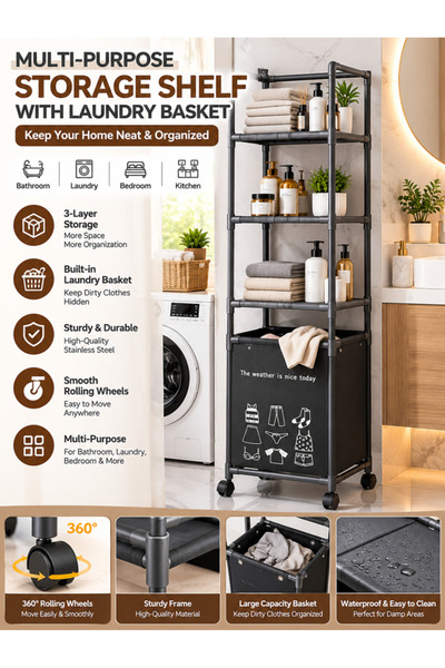 Generic Bathroom Storage Shelf with Dirty Clothes Basket, Stainless Steel 3-L...