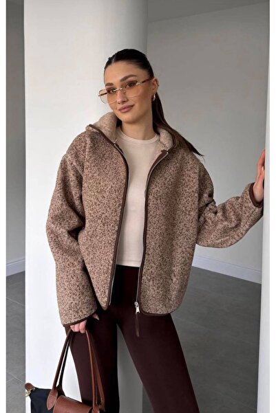 Moda Banuş Hooded Detail Printed Melange Plush Coat - Gray-Brown