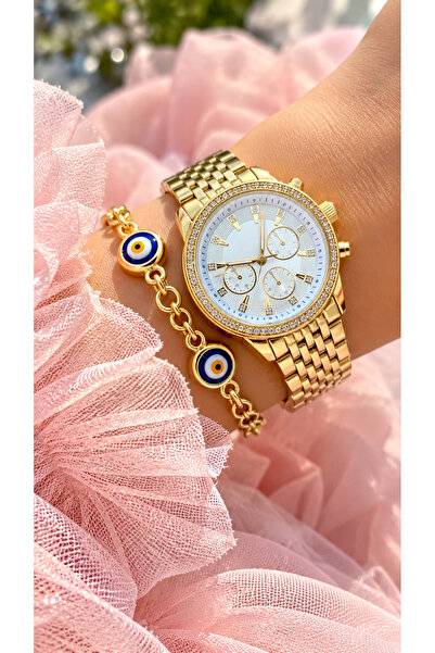 Bonicce Stylish Women's Wrist Watch Evil Eye Beaded Bracelet with Yellow Colo...