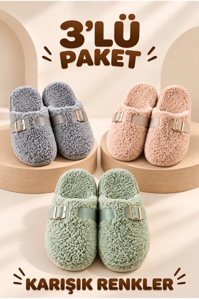 Nmoda Kadın 3'lü Avantajlı Paket İçi Kürklü Peluş Ev Terliği Seti Karışık Ren...