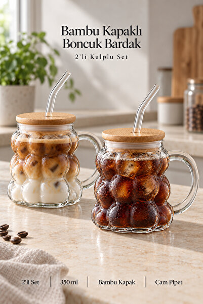 Madamev 2li Bambu Kapaklı Üzüm Tanesi Boncuk Bardak 350ml Isıya Dayanıklı Cam...
