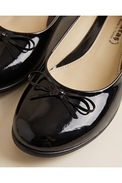AKTAŞ ORTOPEDİ / Young Black Patent Leather Mustache Bow Ballerina Shoes