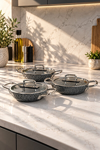 Zest Peakstone 6 Parça Granit Sahan Seti 18-20-22 cm Cam Kapaklı Çift Kulplu Gri