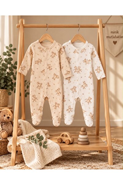 ENİA BABY Kız Bebek Yenidoğan %100 Pamuklu Desenli Patikli 2'li Tulum Seti 3-...