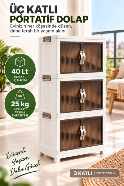 EVONİTA 3 Katlı Portatif Organizer Dolap – 120 LT