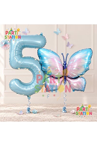 Parti Station Pink Blue Butterfly and Blue Number Balloon 5 Years Old Balloon...