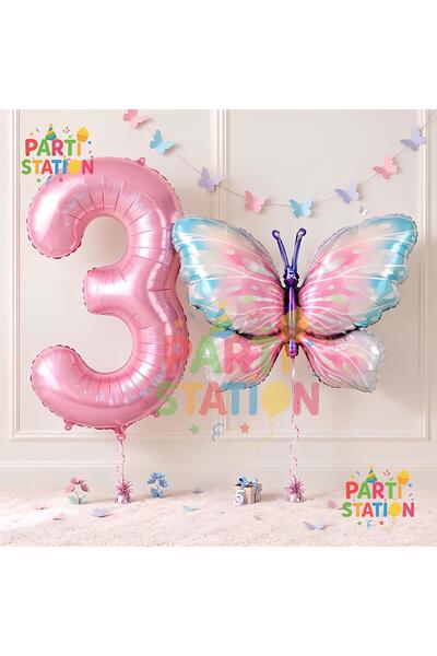 Parti Station مجموعة بالونات على شكل فراشة وردية وأرقام وردية لعمر 3 سنوات، م...