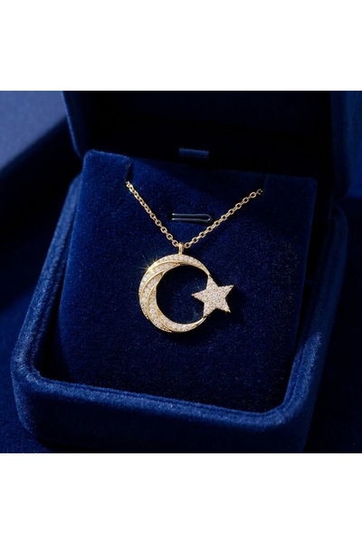 Azim Silverr 925 Ayar Gümüş Gold Zirkon Taşlı Ay Yıldız Kadın Kolye Türk Bayr...
