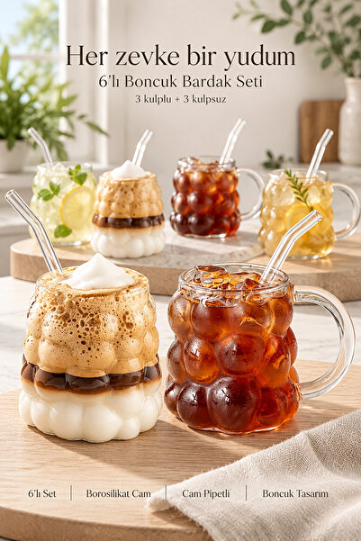 Tilbe Home 6lı Üzümlü Boncuk Cam Bardak 350ml Pipetli Saplı, Sapsız Su Meşrub...