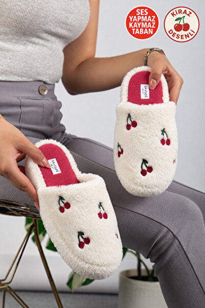 AlbiShoes Unisex Kadın Kiraz Desen Pofuduk Çeyiz Bohça Ev Terliği Ses Yapmaz ...