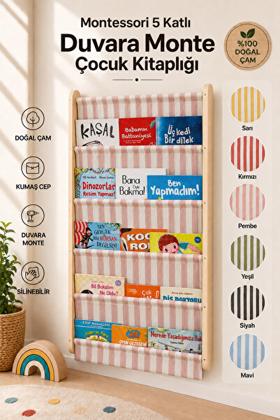 EverAlpina Montessori Duvara Monte Ahşap Çocuk Kitaplığı Kumaş Cepli Kitap Dü...
