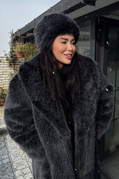 Açelya Okcu Premium Şal Yaka Mob Wife Suni Kürk Maxi Kadın Kaban