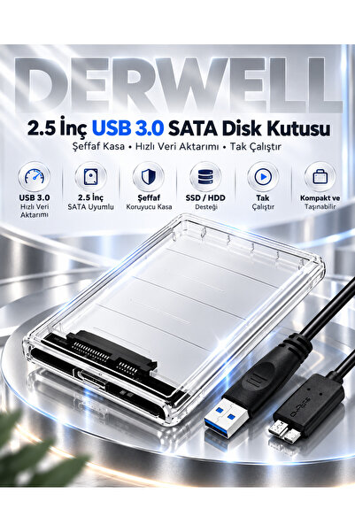 Derwell Yeni 2025 2.5” HDD/SSD USB 3.0 to SATA Dönüştürücü Harici Şeffaf Taşı...