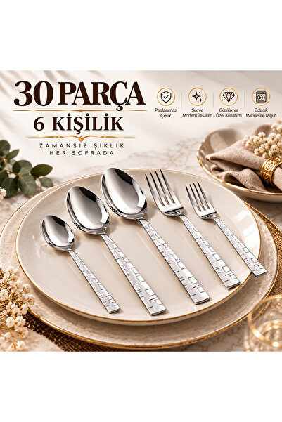 NAZLIM Mozaik 6’lı Paslanmaz Çelik Çatal Kaşık Takımı – Modern Şık Sofra Seti