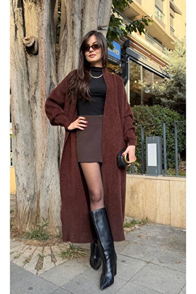 Vaveyla Kadın Kahverengi Yumuşak Dokulu Şal Yaka Sakal Hırka | Oversize & Rah...