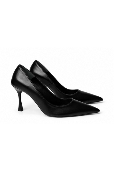 SİLAR Women's Shoes Black Leather Stiletto Heels Pointed Toe Thin