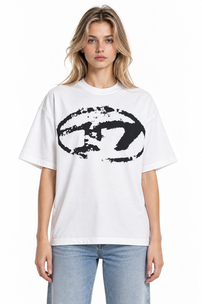 Compostela Unisex Women's Men's Distressed Front Pattern Printed Oversized Thick Fabric Relaxed Cut Cotton T-Shirt