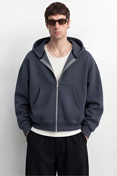 Oversize Basic Fermuarlı Sweatshirt Hırka Kapüşonlu Hoodie %100 Pamuk Erkek Zip - Füme