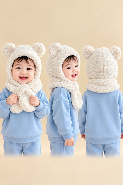 Nurnivus Tammy Sevimli Peluş Çocuk Bere Atkı Boyunluklu Panda Kulaklı Şapka Welsoft Rüzgar Geçirmez Bere
