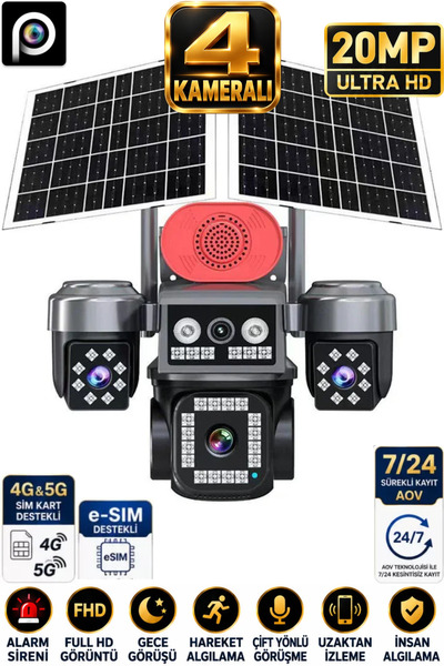 SONREİR SNR 4 Kameralı 20MP Güvenlik Kamerası Çift Solar Panel Sim Kartlı Gün...