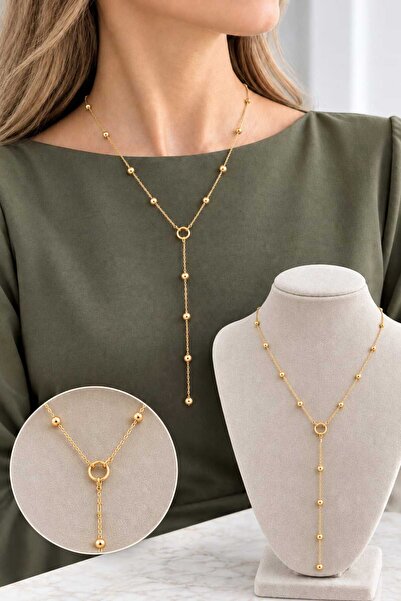 invictus design Kadın Gold Minimal Y Model Dorika Boncuklu Kolye - Sallantılı...