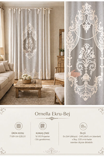 CASA NATURALE Ornella Keten Görünümlü Süzene Nakışlı Panel Perde Ekru (Ölçüle...