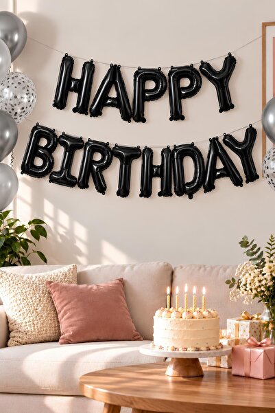 Patladı Gitti 16 İnç Siyah Happy Birthday Folyo Balon Set