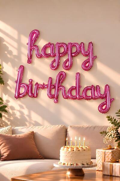Patladı Gitti El Yazılı 16 İnç Happy Birthday Pembe Balon Set