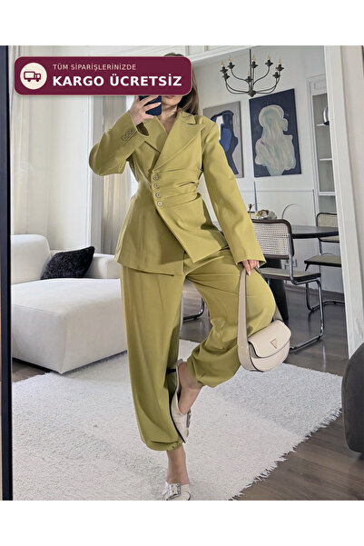 FERZOLAİO Bel Bağlamalı Haki Blazer Pantolon Takım