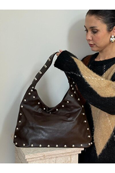 lalettobags Kadın Kahverengi Lila Model Zımba Detaylı Salaş Suni Deri Omuz Ça...