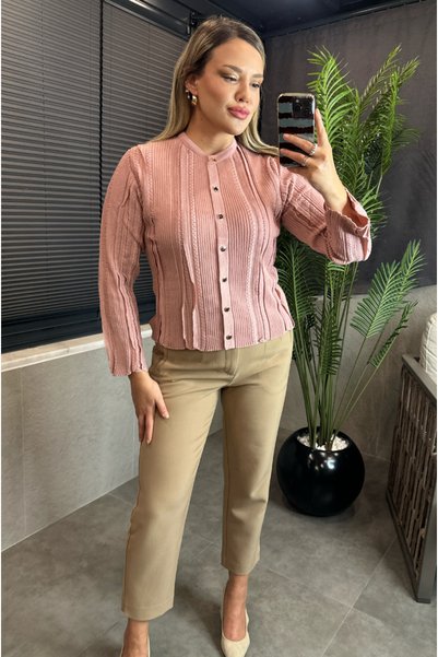 MİR STORE Glittery Fine Weave Detailed Pink Knitwear Cardigan