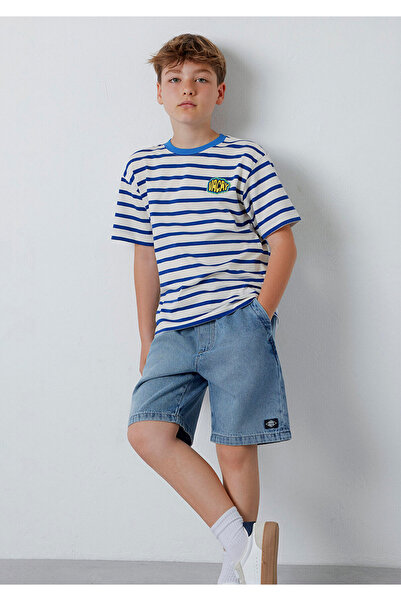 Mavi Sticker Printed Striped T-Shirt Maza