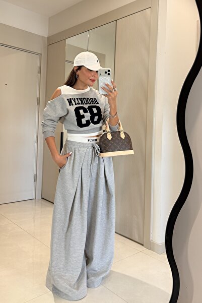 Gizem Ecemiş Brooklyn Gri Pileli Wide Leg Pantolon
