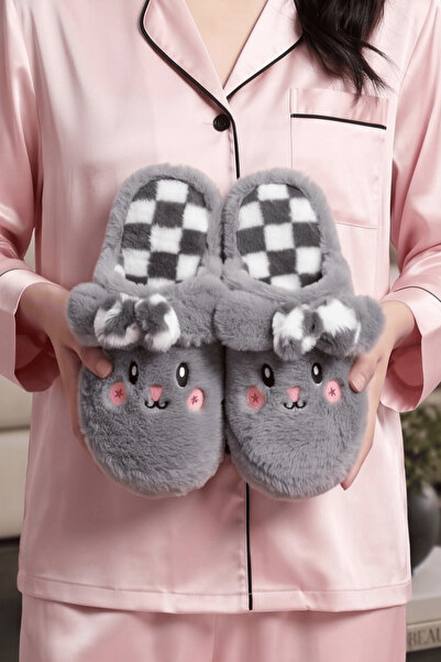 Beyond Women's Gray Shy Rabbit Detailed Plush Winter House Slippers 3 cm Bynd...