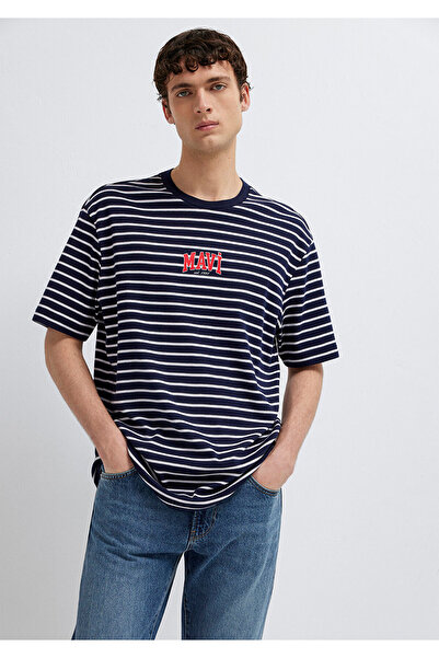 Mavi Logo Baskılı Çizgili Lacivert Tişört Loose Fit / Bol Rahat Kesim 0613600...