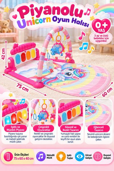 hak-iş oyuncak Piyanolu Unicorn Desenli Bebek Oyun Halısı – 0+ Ay, Hayvan Fig...