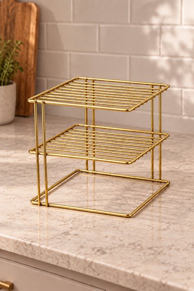 Edora Home Parlak Altın 3 Katlı Dolap İçi Tabaklık Bardaklık Mutfak Düzenleyici Raf Paslanmaz Metal