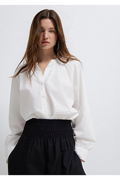 Mavi Detaylı Beyaz Gömlek Loose Fit / Bol Rahat Kesim 1211348-620