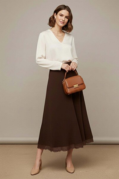 Puane Women's Long Skirt with Ruffled Hem and Openings – 18288Etk Dark Brown