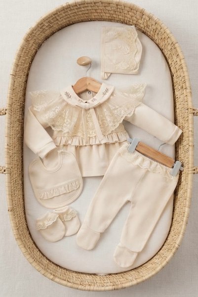 Cherub Baby Mobile Lace Collar Tulle Baby Girl Newborn 5 Piece Hospital Release Bodysuit Set