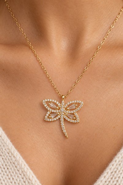 Bijuty Women's Dragonfly Necklace with Steel Chain - Gold Color - (with Surprise Gift)